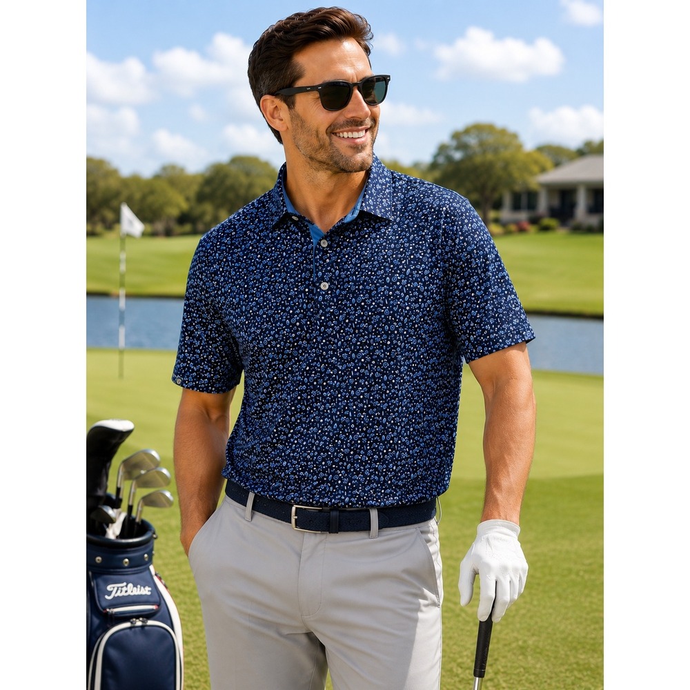 Straight Down McQueen Mens Performance Golf Polo Navy‎ Motorcycle Print Size M